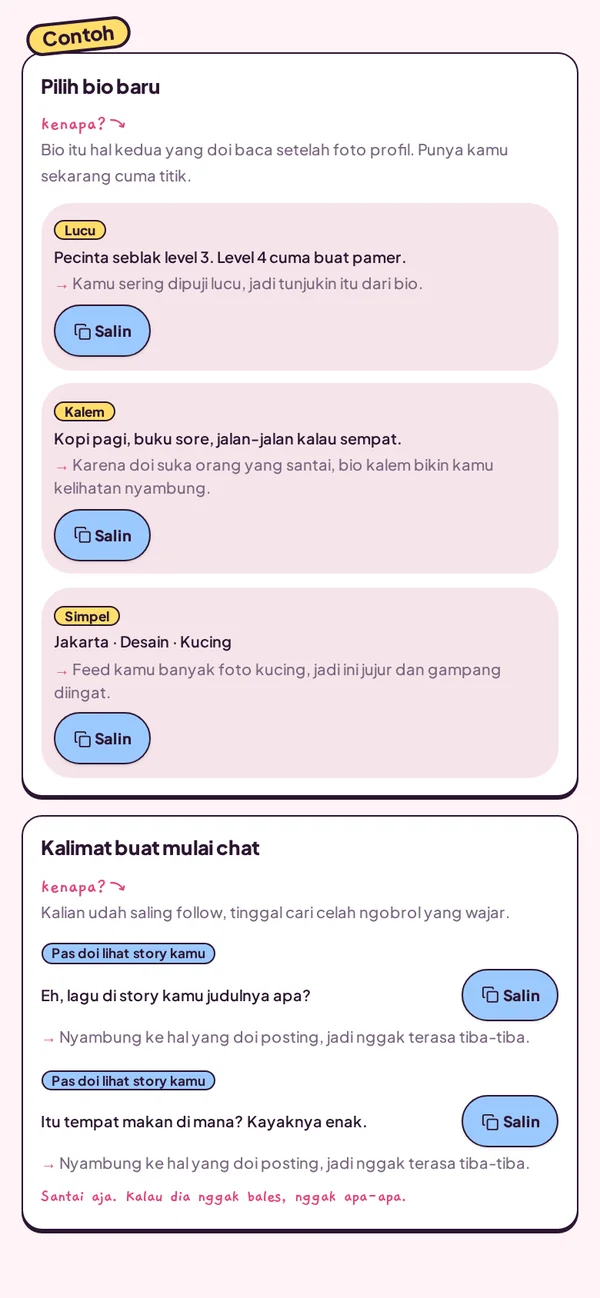 Contoh hasil: Pilihan bio dan pembuka chat
